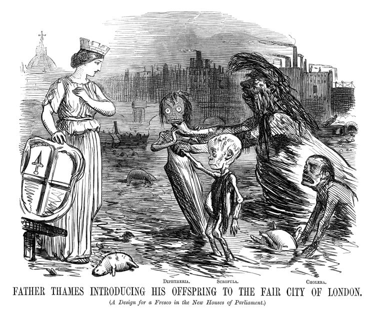 A cartoon from humour mag Punch depicting the Thames, the source of the stinky air. Source.